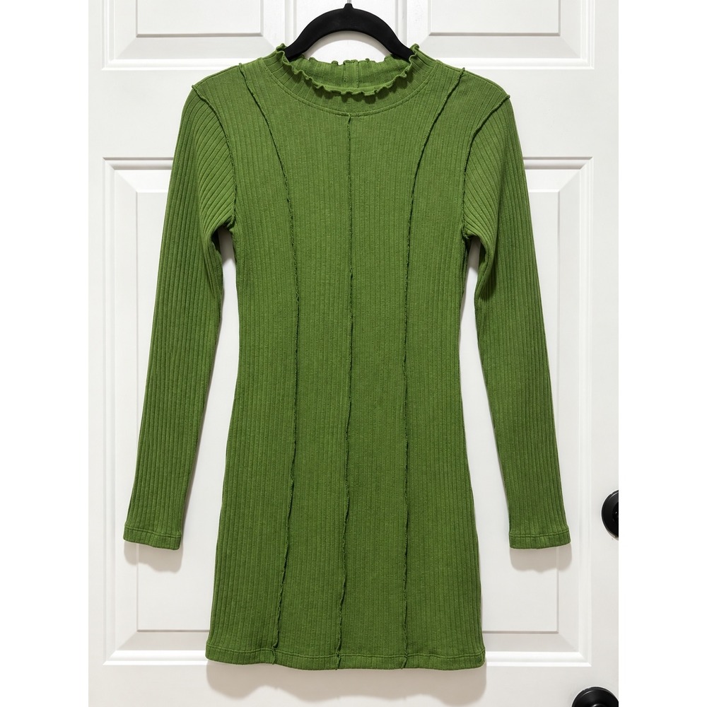 Reserved Eco Aware Green Ribbed Exposed Seam Mini Dress Womens Large Long Sleeve